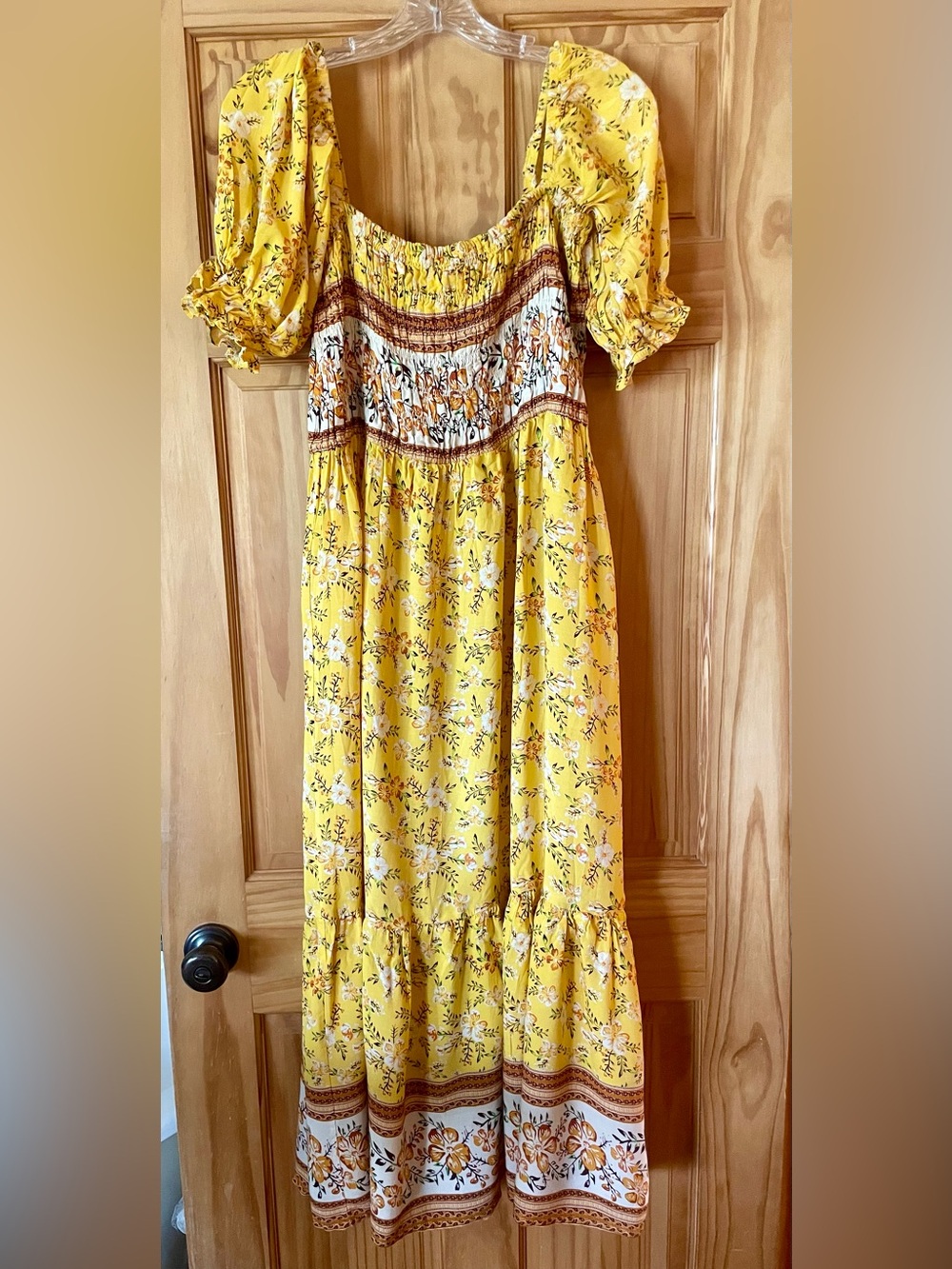 Yellow Floral Smocked Maxi Dress with Border Print